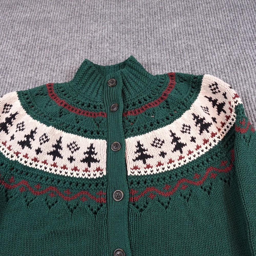 LL Bean Cardigan Sweater Womens Medium Green Fisherman Fair Isle Cable Knit - Picture 2 of 9